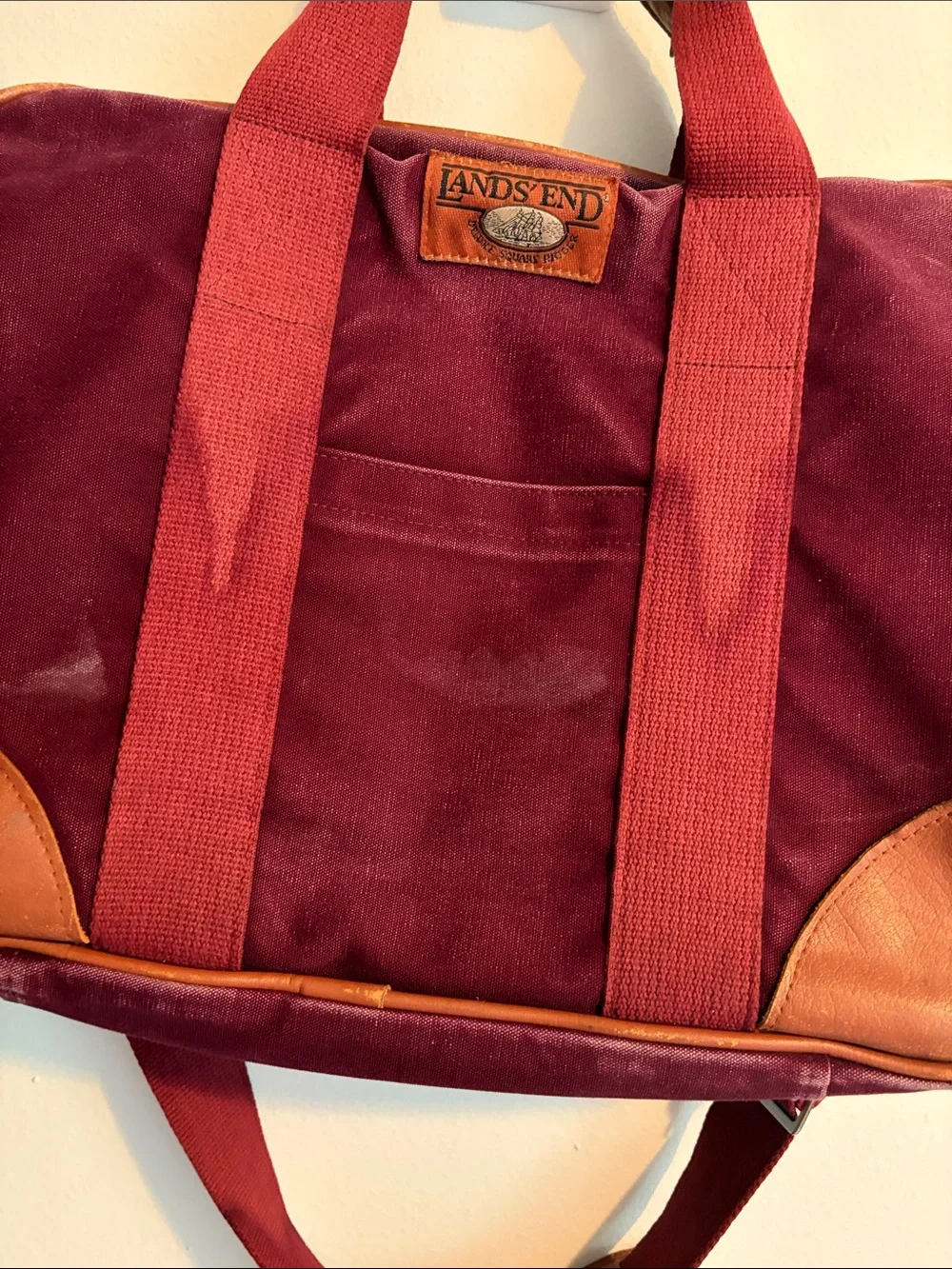 Vintage Lands' End Burgundy Canvas Laptop Brief with Brown Leather Trim